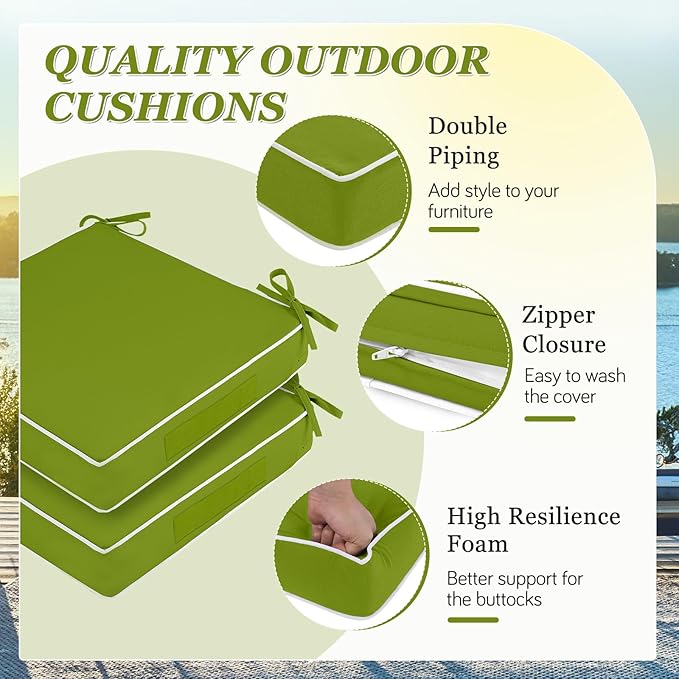 Waterproof Outdoor Chair Cushions Set of 2, Square Outdoor Seat Cushions with Ties and Removable Covers, 22 x 22 Outdoor Cushions for Patio Furniture with Portable Handle(Grass Green/White)