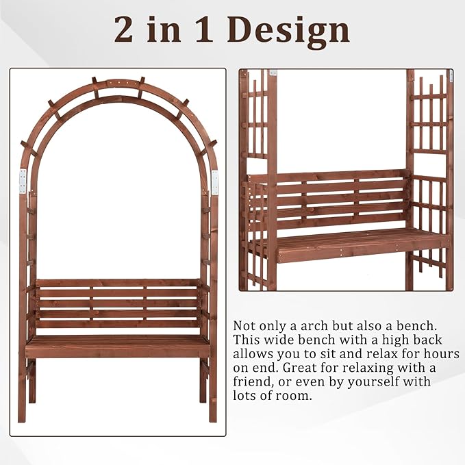 6.8FT Garden Arch with Bench, Arbor Arch for Climbing Plants with Garden Bench, Garden Arbors Trellises for Climbing Plants, Patio Trellis Pergola for Decoration, Wooden Arbor Trellis Garden
