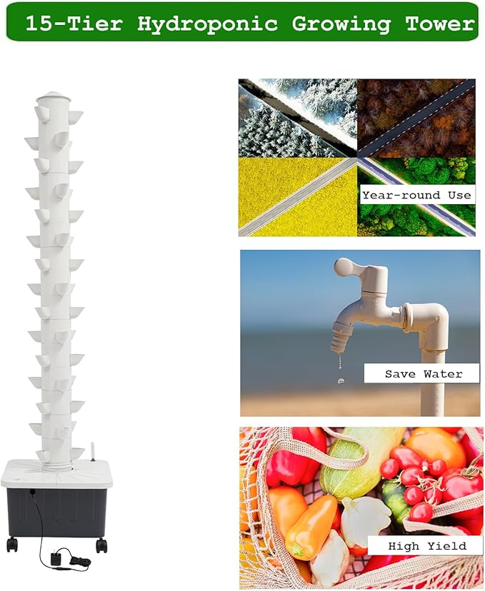 15-Tier Hydroponic Growing Tower, 45-Plant Vertical Garden Kit with Water Pump, Hydroponics Tower Growing System with 4 Wheels for Herbs, Vegetables, Strawberries (White)