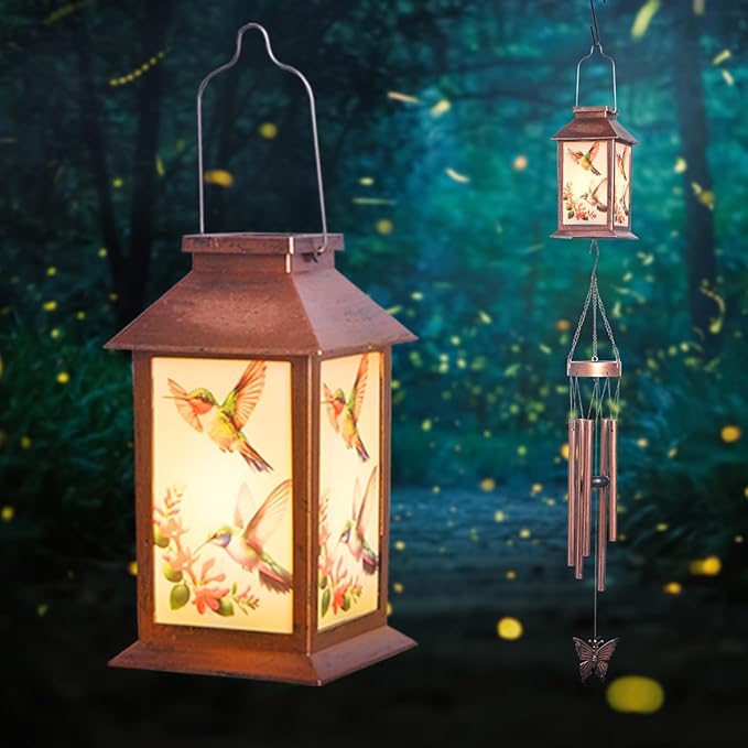 Hummingbird Solar Lighten Wind Chime with Lantern Design - Outdoor Decorative Wind Bells for Garden, Porch, Balcony - Relaxing Nature Sounds- Gifts for mom，Friend，Sister，Grandma
