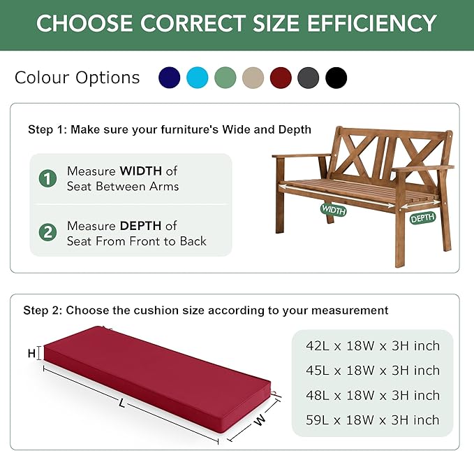 Outdoor Bench Cushion: Waterproof and Fade Resistant Patio Furniture Cushions - Non-Slip Bench Pad Cushion with Removable Cover for Garden Swing Porch Sofa Settee, 45 x 18 Inch, Burgundy