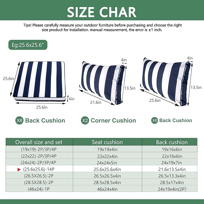 14 Piece Outdoor Replacement Cushions for Patio Furniture, 4" x 25.6" x 25.6" High Density Waterproof Outdoor Sofa Cushion Sets, Fits 6 Seat Wicker Sectional Conversation,Blue Striped