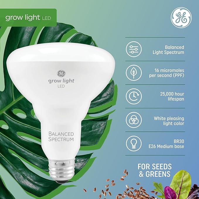 GE Grow Lights for Indoor Plants, BR30 Indoor Floodlight, LED Light Bulbs for Seeds and Greens, Balanced Light Spectrum, 25,000 Hours Lifespan, 16 PPF, 4 Pack (Packaging May Vary)