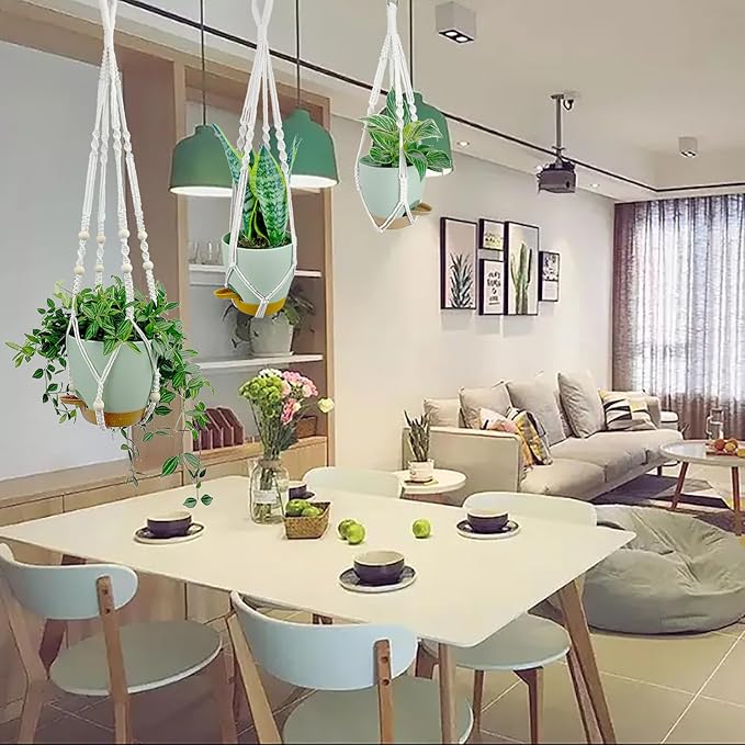 Hanging Planters with Macrame Plant Hangers for Indoor Outdoor Plants, 3 Set Hanging Baskets Flower Pots Holders 35''/27''/21'', Self-Watering Pots 7''/6''/5.5'', Boho Home Decor, Green