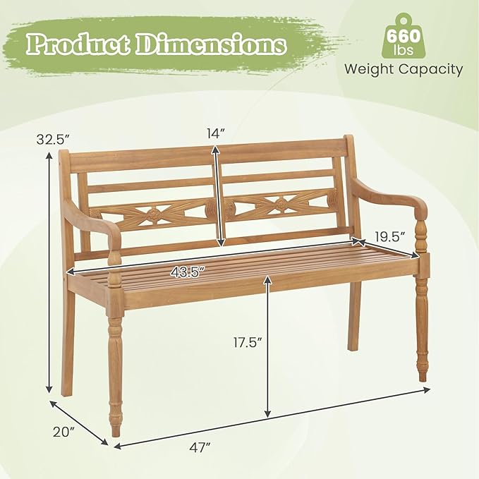 Tangkula Outdoor Bench, 2-Person Garden Bench with Wide Backrest and Curved Armrests, Teak Wood Patio Bench for Backyard, Porch and Park, 600 LBS/300 KG Weight Capacity, Natural