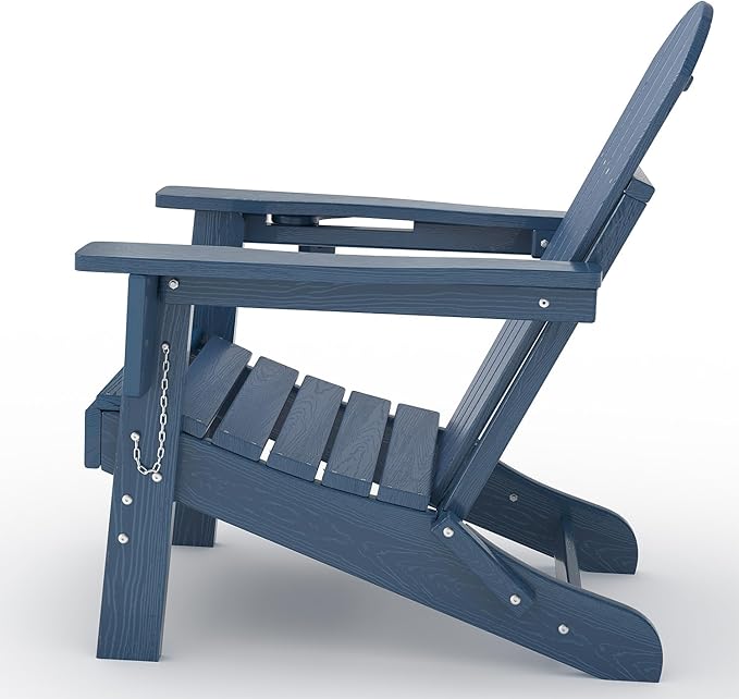 Folding Adirondack Chair Set of 5, All-Weather HDPE Outdoor Chair, Wooden Textured with Cup Holder for patios, Decks, Gardens, fire pits, Navy Blue