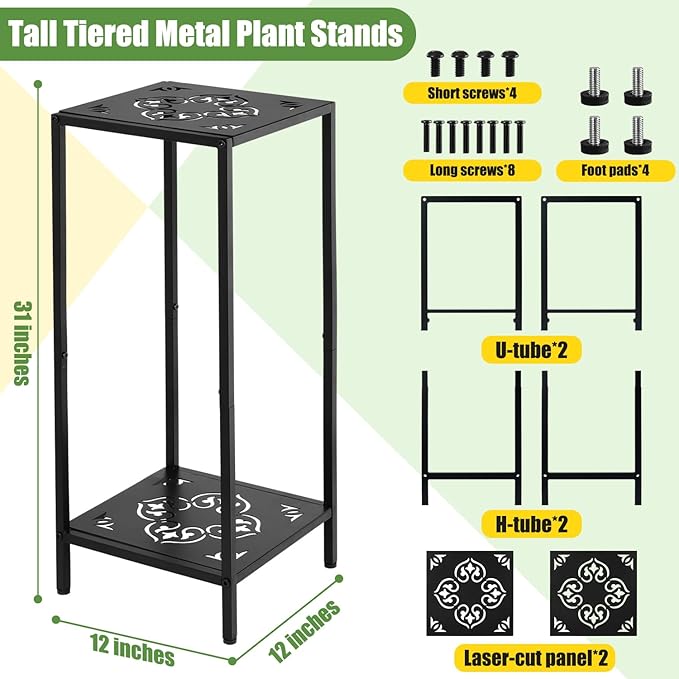 Party Zealot 2-Tier Tall Metal Square Plant Stand Heavy-Duty Modern Flower Pot Rack for Indoor Living Room, Corner Side Table for Outdoor Patio, Garden, and Balcony Black, 12" D x 31" H
