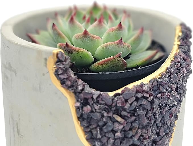 4 Inch Crystal Plant Pot with Saucer - Cement Geode Planter - Concrete Pots for Plants - Modern Succulent Pot Indoor - Unique Air Plant Holder - Candle Holder - Small Plant Home Decor (Red Garnet)