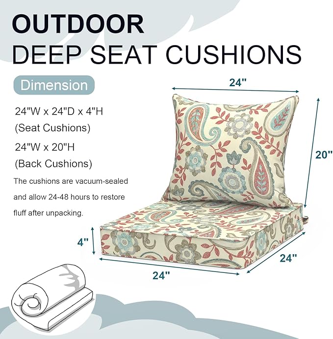 Outdoor Deep Seat Cushion Set, Water Repellent 24"x24" Patio Thick Cushions Replacement with Seat & Back Pillow for Patio Sofa, Wicker Chair, Couch - Paisley Vintage