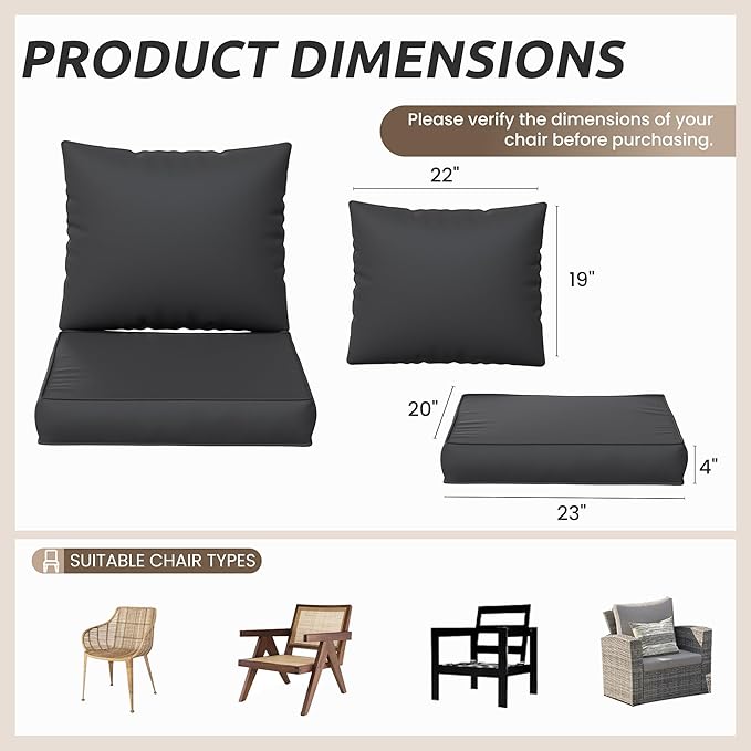 Amopatio Outdoor Chair Cushions 22.5"× 20.3" × 4", Set of 4 with Removable Cover, Waterproof & Fade Resistant seat Cushions for Patio Furniture, Black