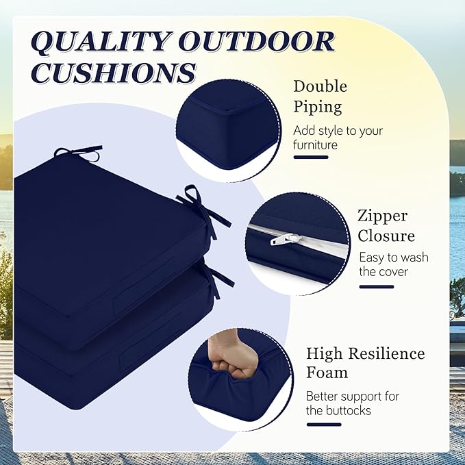 Waterproof Outdoor Chair Cushions Set of 2, Square Outdoor Seat Cushions with Ties and Removable Covers, 19 x 19 Outdoor Cushions for Patio Furniture with Portable Handle(Navy)