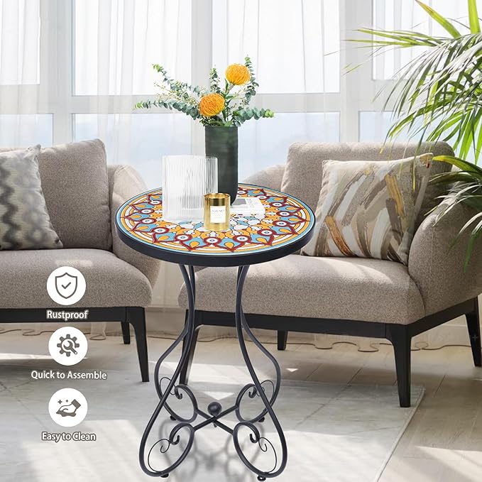 VCUTEKA Mosaic Outdoor Side Table, Round Rustproof Patio Table with 14" Ceramic Tile Top, Indoor Porch Accent Table for Yard, Garden, Living Room, Bistro Balcony