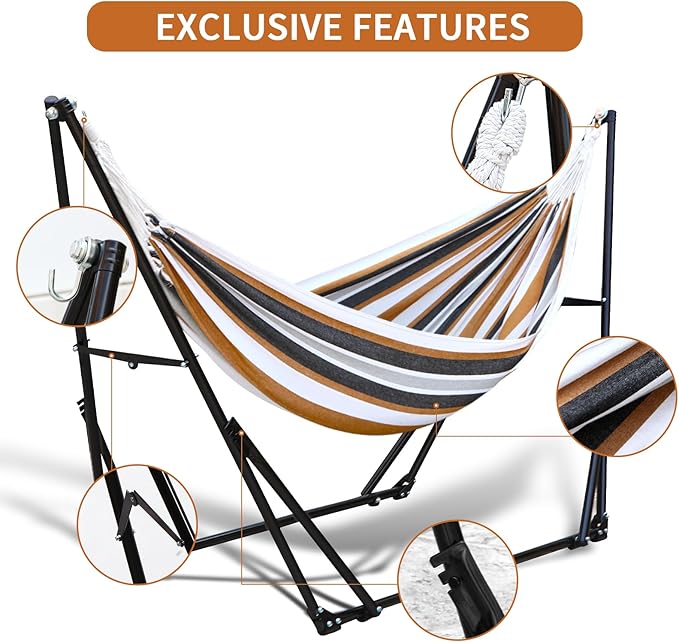 Hammock with Foldable Steel Stand,Frabic Tension Adjustable,Carrying Bag Included, 616 lbs Weight Capacity, Portable Suitable for Outside Garden Yard Outdoor Inhouse Yellow
