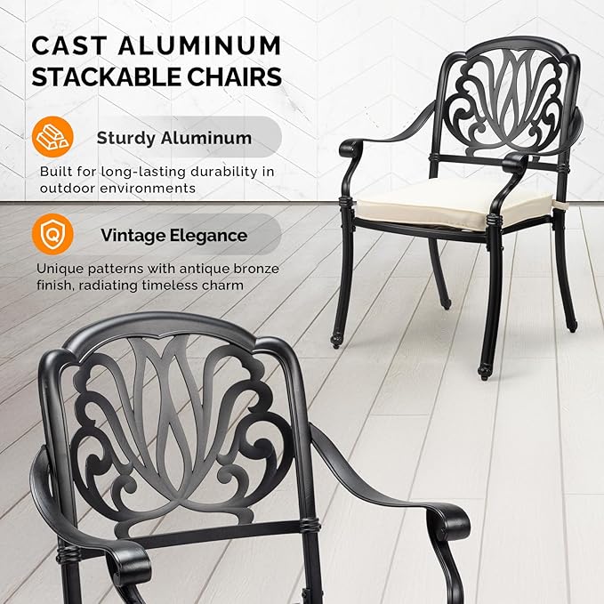 VINGLI Patio Chairs Set of 4 - Stackable Outdoor Cast Aluminum Dining Chairs with Vintage Black Finish and Floral Pattern, Metal Armchairs for Poolside, Backyard, Balcony (with Cushion)
