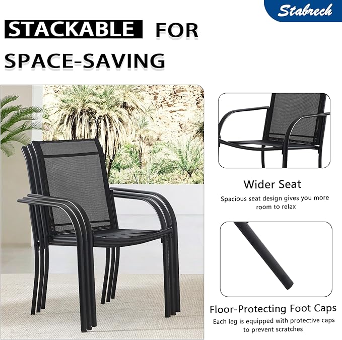 Outdoor Patio Dining Chairs Set of 6, Lightweight Stackable Patio Chairs with Curved Armrests & Wide Seat, Heavy Duty 300 lbs Capacity, Garden Chairs for Backyard, Deck, Poolside, Black