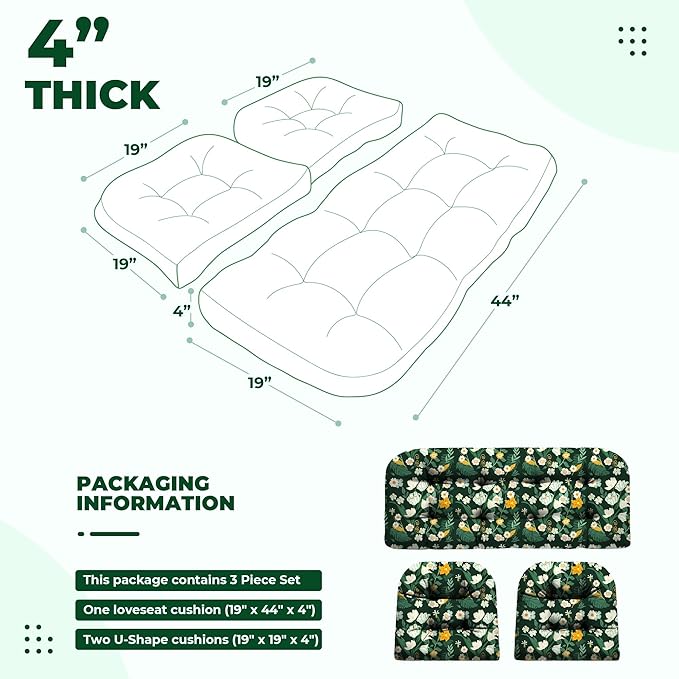 Wicker Chair Cushions, Waterproof Outdoor Loveseat Cushions for Patio Furniture, Tufted Wicker Furniture Cushions, 1 Loveseat and 2 U-Shaped Cushions (Green Floral)