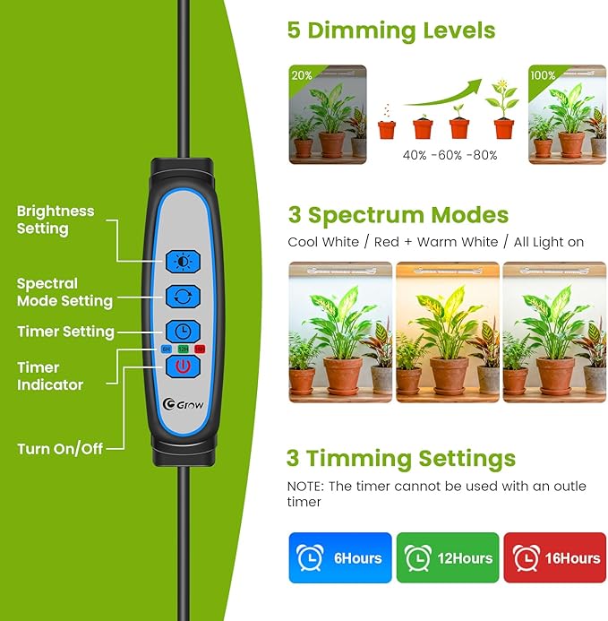 8 inches LED Grow Light Strips, Full Spectrum Plant Lights for Indoor Growing with 6/12/16H Timer, 3 Color Modes, 5 Dimmable Levels, Grow Lamp for Seedling, Perfect for Indoor Plant Stand