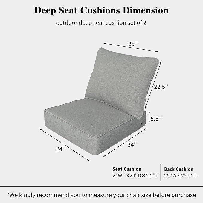 Outdoor 24"x24" Deep Seat Patio Cushion Set of 2, Outdoor Chair Cushions with Water-Resistant UV Resistant Weather Resistant Sectional Sofa Pad and Removable Covers,Light Grey
