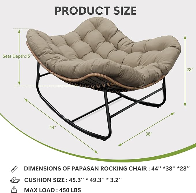 Papasan Rocking Chair, Oversized Papasan Chair with Cushion and Frame for Indoor& Outdoor, Deep Seat Egg-Shaped Rocker Chair for Garden, Deck, Living Room, Brown