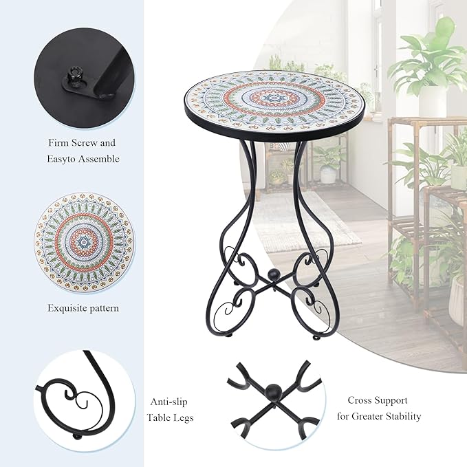 VCUTEKA Mosaic Outdoor Side Table, Round Rustproof Patio Tables with 14" Ceramic Tile Top, Indoor Porch Accent Table for Yard, Garden, Living Room, Bistro Balcony, Green