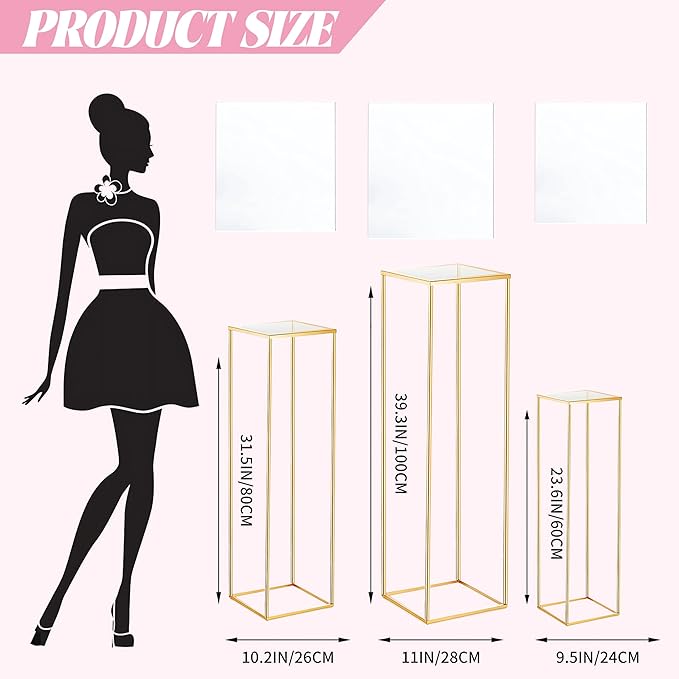 3PCS Cylinder Pedestal Stands for Parties, Square Gold Metal Plant Cylinder Stands for Party Flowers, Display Columns Pedestal Stand Cylinder Tables for Vases Birthday Party Decorations