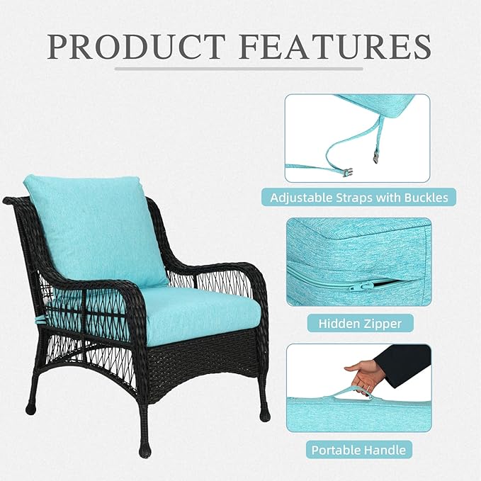 Aoodor 23" x 26" Patio Deep Seat Cushion Set, Water Resistant & Fade Resistant Outdoor Furniture Cushions with Adjustable Straps for Patio, Deck, Garden, Set of 2, Teal