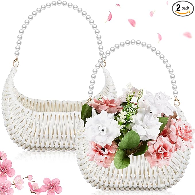 Taiyin 2 Pcs Rattan Flower Girl Basket with Pearl Handle Small Half Moon Wicker Basket for Wedding Flower Girl Picnic Garden Storage and Home Decor (White)