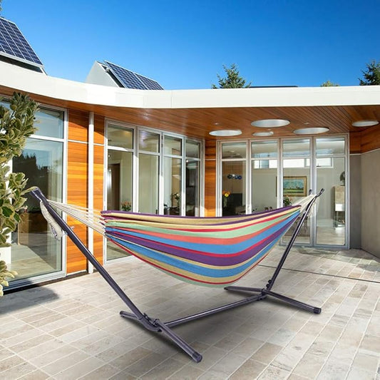 Portable Outdoor Polyester Hammock Set,Single Person Brazilian Hammock,Garden Cotton Hammocks,Indoor Swing Hammock Chair,with Stand & Carry Bag,for Outside Patio Porch Poolside Backyard (Rainbow)