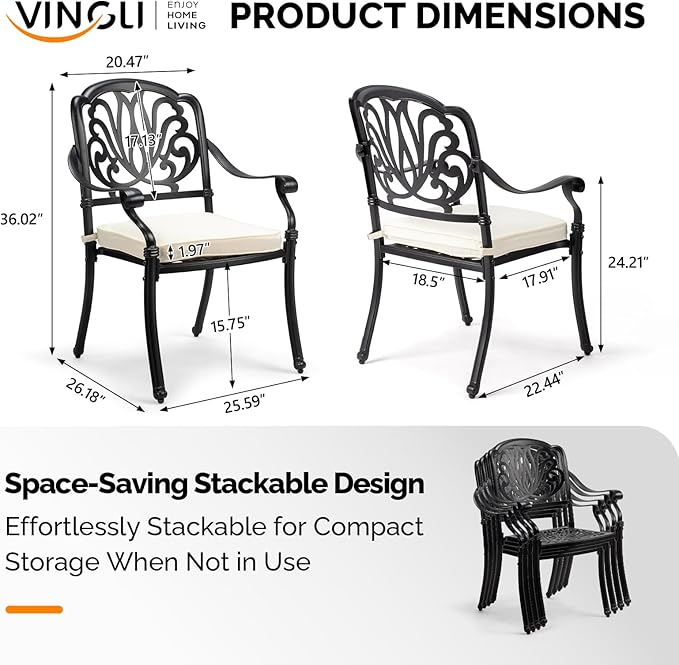 VINGLI Patio Chairs Set of 2 - Stackable Outdoor Cast Aluminum Dining Chairs with Vintage Black Finish and Floral Pattern, Metal Armchairs for Poolside, Backyard, Balcony (with Cushion)