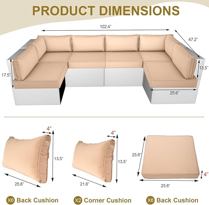 Outdoor Replacement Cushions for Patio Furniture,14-Piece Patio Water-Resistant Replacement Sofa Cushions,Fits 6-seat Sectional Rattan Conversation Set,Liner&Cover (Beige)
