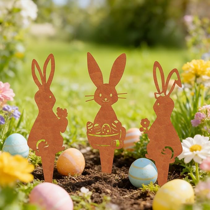 Easter Metal Bunny Garden Stake Outdoor 3 Pack Realistic Rust Rabbit Decorative Metal Garden Statues Stakes Yard Art Ornament Easter Bunny Stake Sign for Flowerbeds Planters Patios Lawn