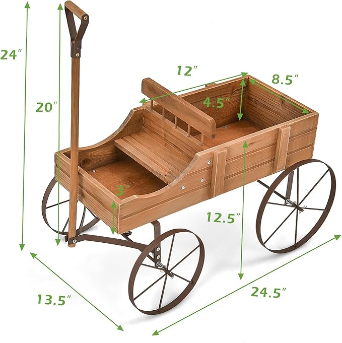Wooden Wagon Planter, Decorative Garden Wheelbarrow Planter with 2 Planting Sections, Rolling Wheels, Adjustable Handle, Small Wagon Cart Planter Stand for Flowers Vegetables Herbs (Brown)