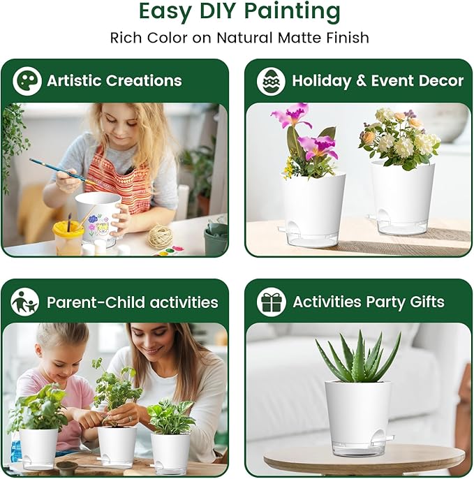 7 inch Self Watering Pots for Indoor Plants, 5 Pack Plant Pots with Drainage Holes & Clear Reservoir for Visible Water Level, Plastic Wicking Planter Pots for House Plants and Flower, White