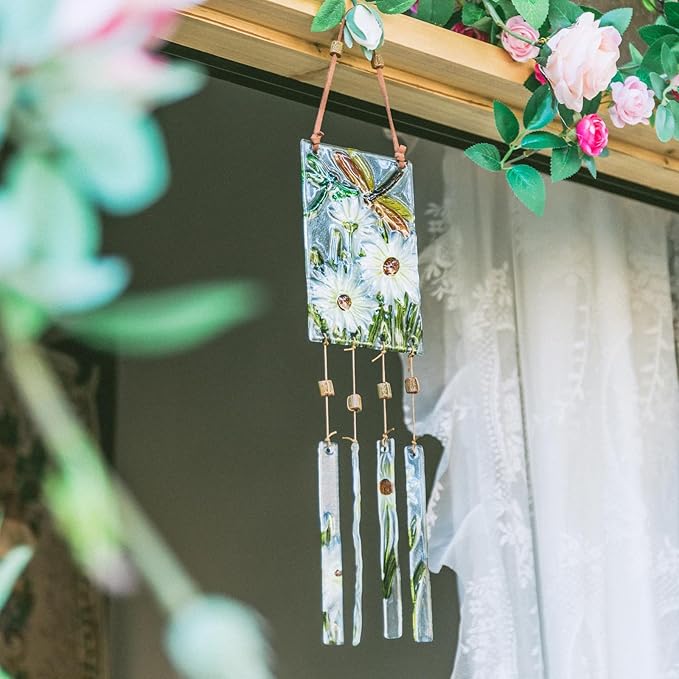 MUMTOP Wind Chimes for Outside-Wind Chimes Outdoor - Dragonfly and Daisy Colorful Stained Glass WindChimes Hanging Ornaments for Home Garden Decor