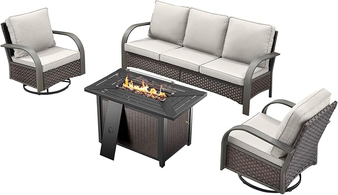 HUMMUH Patio Furniture Set with Fire Pit-Outdoor Swivel Glider Rocking Chair with Patio Sofa Outdoor Conversation Furniture for Deck Porch Garden Poolside Backyard-Brown/Beige