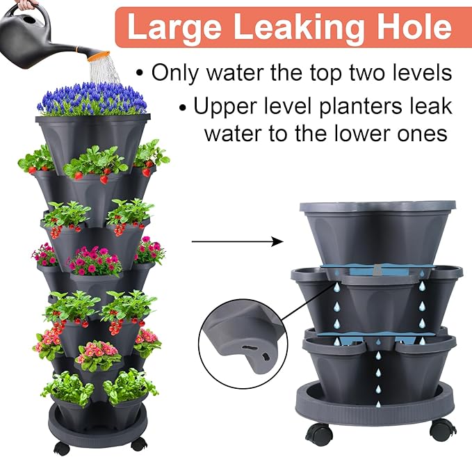 GameXcel Vertical Planter Tower- 7 Tier Stackable Garden Planter with Wheels and Tool Set – Grow Strawberries Herbs Flowers and Vegetables - Indoor Outdoor Use Dark Gray