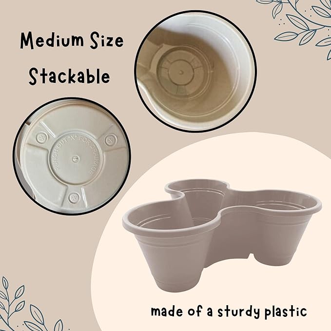 Stackable Plastic 3-Section Planters 10x9x3.75-in, Vertical Tower Pots Garden Accessories Indoor Outdoor Strawberries Flowers Herbs Vegetables, 2-ct. Packs Medium (Beige)