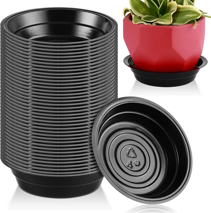 40 Pack 4 Inch Black Plastic Plant Saucer, Indoor/Outdoor, Round, Glossy Finish, BPA-Free, Recyclable, Multi-Use, No Holes, Water Catcher Tray for Potted Plants