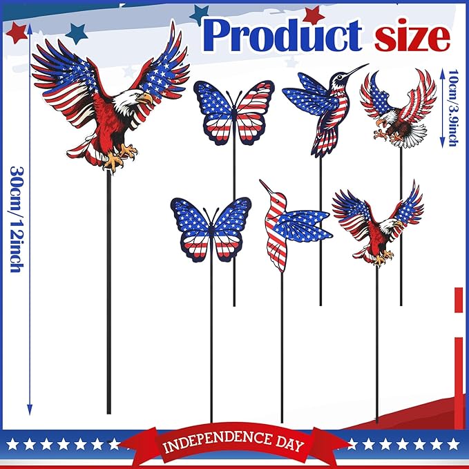 Pickmesh 6 Pcs 12" H Patriotic Metal Yard Sign Patriotic Garden Stake 250th Anniversary USA Flag American Yard Sign for Memorial Day Outdoor Decor 4th of July Independence Day Decoration