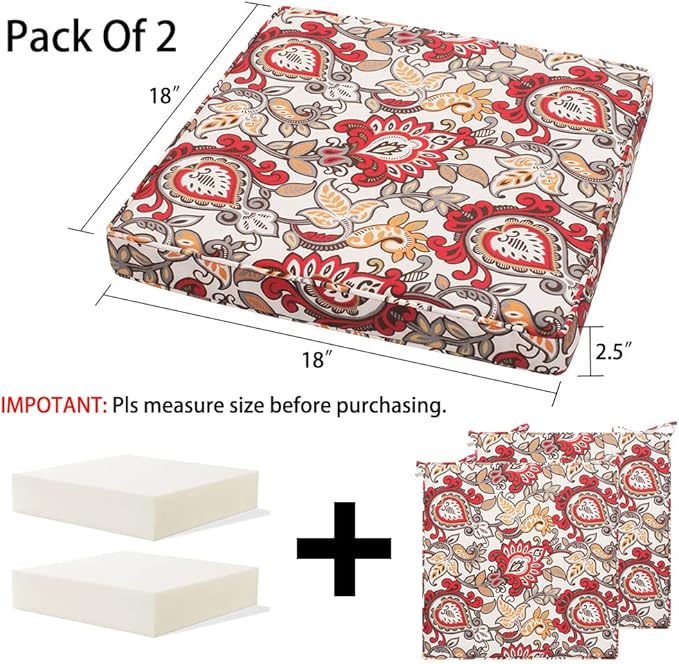 Magpie Fabrics Indoor Outdoor Waterproof Square Chair Cushion, 18" x 18" x 2.5", 2 Pack, Water Resistant Seat Cushions, for Patio Garden Office, Phoenix Red Orange