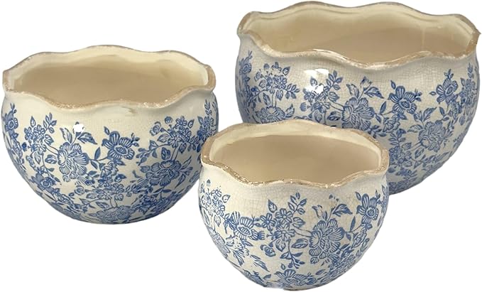 Galt International Ceramic Plant Pots Set of 3 Rustic Vintage Farmhouse Cream Crackle Glaze (11"/ 9.6"/ 7") Garden Indoor Outdoor Flower Planter w/Drainage Hole (Vintage Blue)