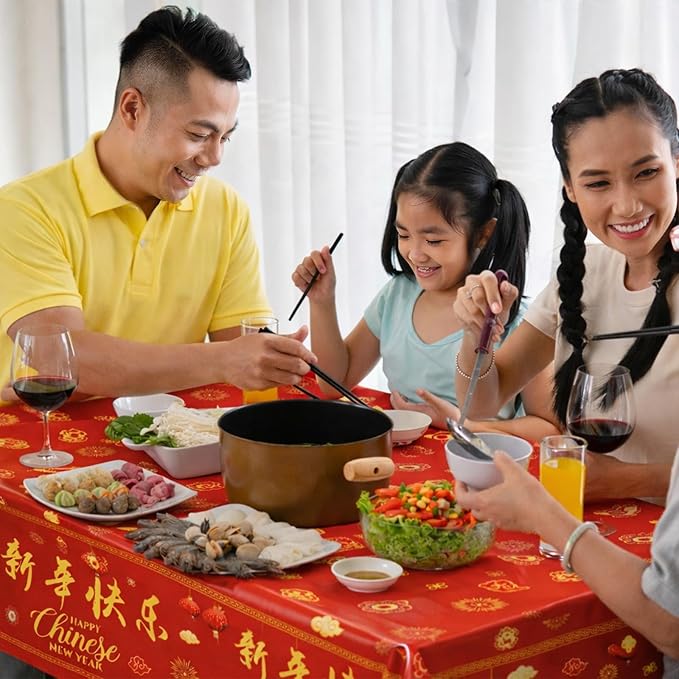 3 Pieces Chinese New Year Tablecloth - 54 x108 Inches Disposable Red Plastic Table Cover with Lanterns and Fireworks for Lunar New Year Party Supplies, Spring Festival Table Cloth Decorations