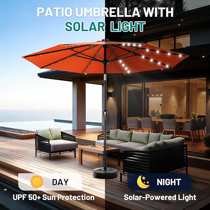 AreShark 9FT Patio Umbrella with Solar Lights, 32 LED Lighted Pool Umbrella w/Tilt and Crank, Outdoor Market Solar Umbrellas for Garden, Deck, Backyard, Pool and Beach, Orange