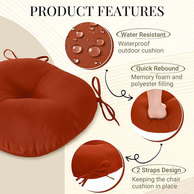 downluxe Bistro Chair Cushions for Patio Furniture, Water-Resistant Round Outdoor Chair Cushions Set of 2 with Non-Slip Ties, 15" x 15", Brick Red