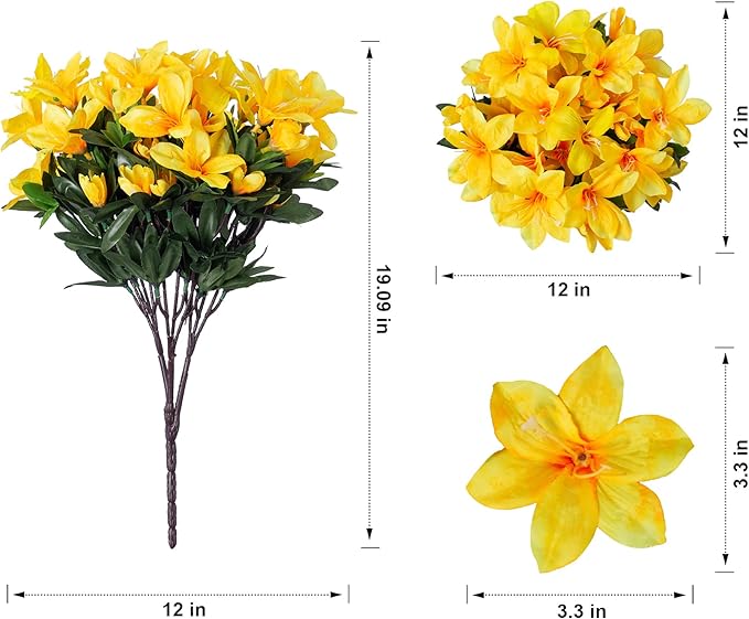 INSPRING Artificial Azalea Flowers Fake Plants for Outdoors Spring Summer Decoration, 3 Bundles UV Resistant Faux Silk Outside Flowers Look Real for Outdoor Planter Front Door Patio Garden, Yellow