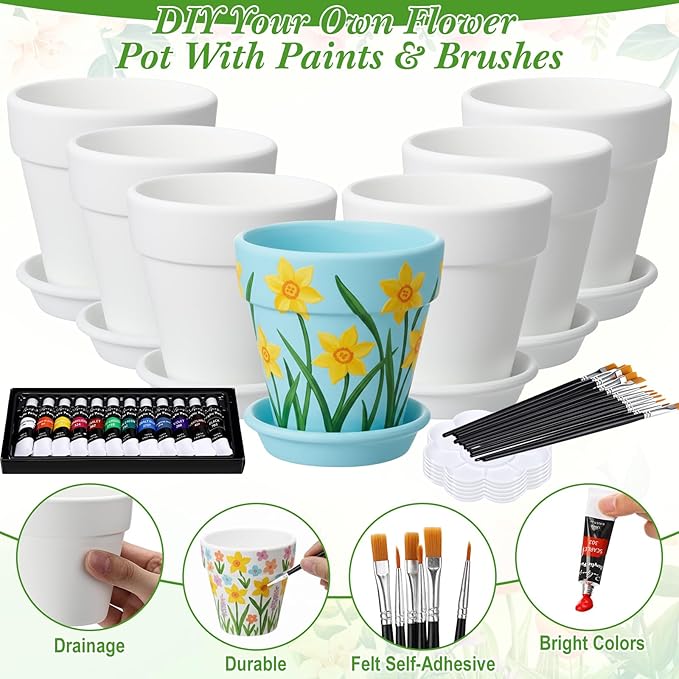 6 Sets DIY Flower Pot Painting Kit 6 White Terracotta Flower Pots with Saucer Planting Gardening Tools 12 Color Acrylic Paints Set Plant Growing Crafts Spring Garden Gift