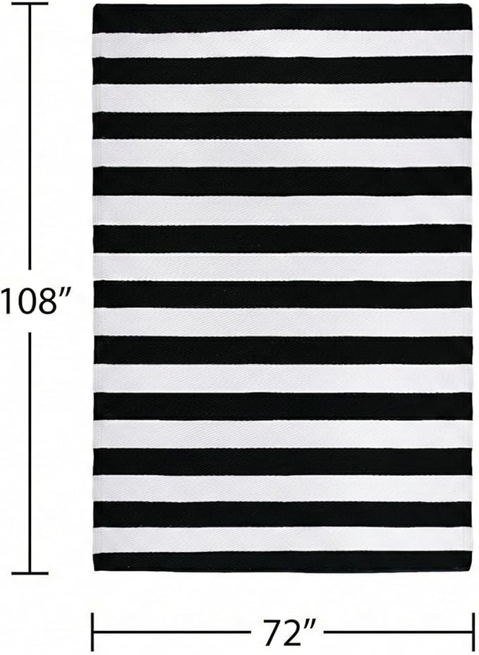 FH Home Outdoor Rug - Waterproof, Fade Resistant, Reversible - Premium Recycled Plastic - Striped - Large Patio, Deck, Sunroom, Camping, RV - Brittany Stripe - Black & White Crease Free - 6 x 9 ft