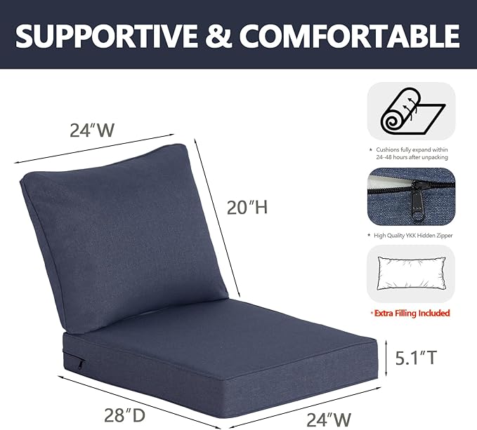 Goodgoods 24 x 28 Outdoor Patio Deep Seat Cushions 2-Pack, 1000+ Hours Fade-Resistant & Water-Resistant Outdoor Furniture Chair Cushions with 30D High-Resilience Foam for Sofa Chair, Sky
