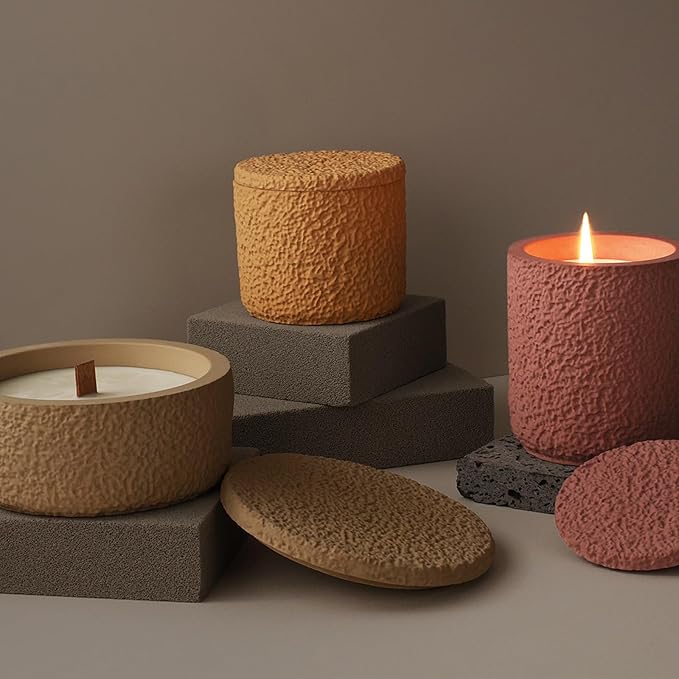 Storage Box with Lids, Silicone Candle Jar Molds Set, Creative Vessels Pot Molds, Concrete Round Stripe with Cover Bottle Making Moulds for Holder (D-Rough Short)