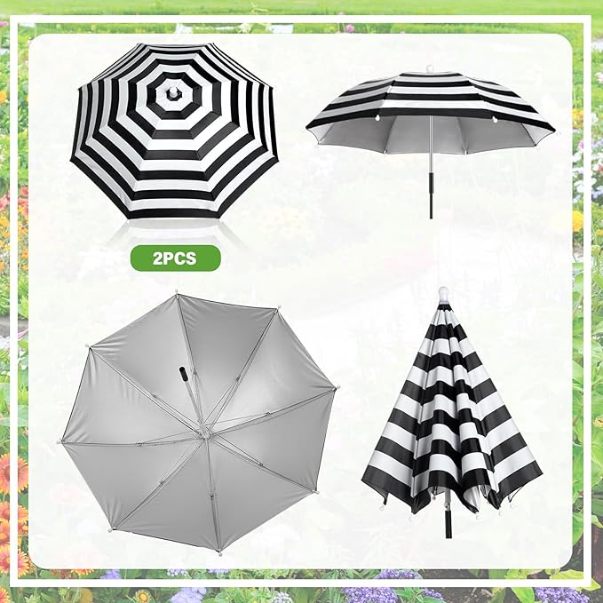 Abbylike 2 Set Plant Umbrellas for Outdoor Plants, Garden Umbrella Shade for Potted Plants and Garden Beds Plant Cover for Sun Summer Beach Terrace Lawn Swimming Pool (Stripe,Black and White)